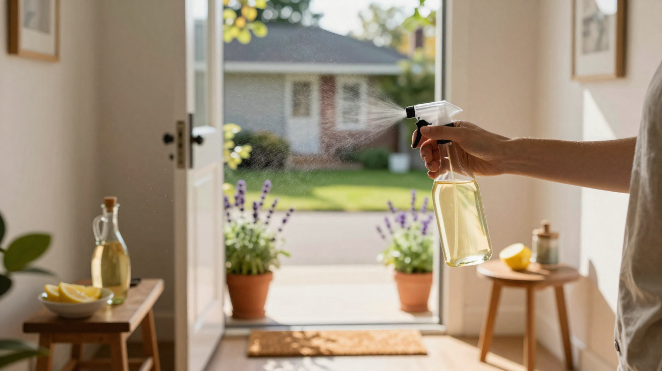 Person sprüht mit einer Sprühflasche Reinigungslösung in einen hellen, offenen Eingangsbereich.