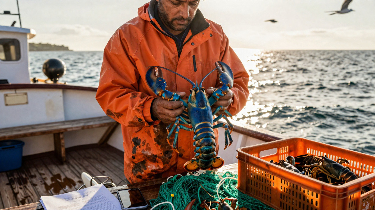 Fischer im orangen Schutzanzug hält lebendigen Hummer auf einem Boot während Sonnenuntergang am Meer.