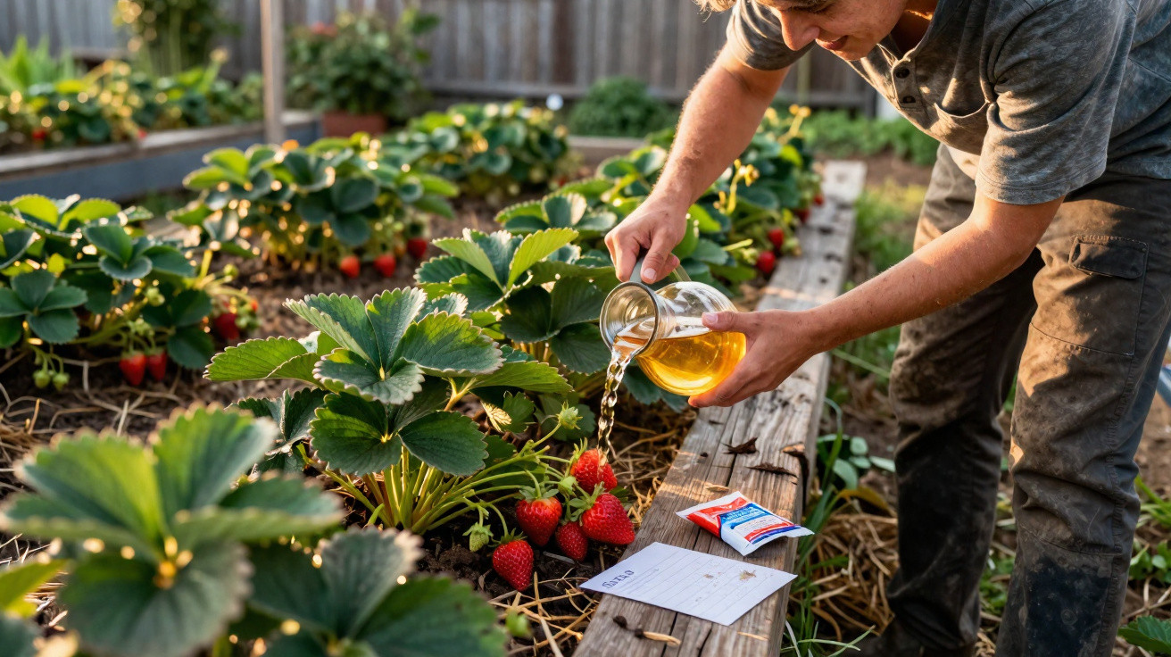 Person gießt Flüssigkeit auf Erdbeerpflanzen in einem Gartenbeet bei Sonnenlicht.