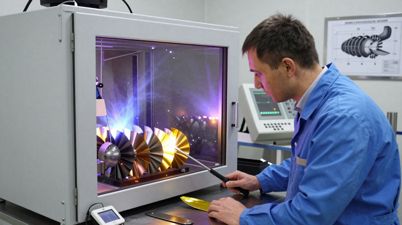 Techniker in blauem Kittel prüft Turbinenrad mit Laser in geschützter Prüfkammer eines Labors.