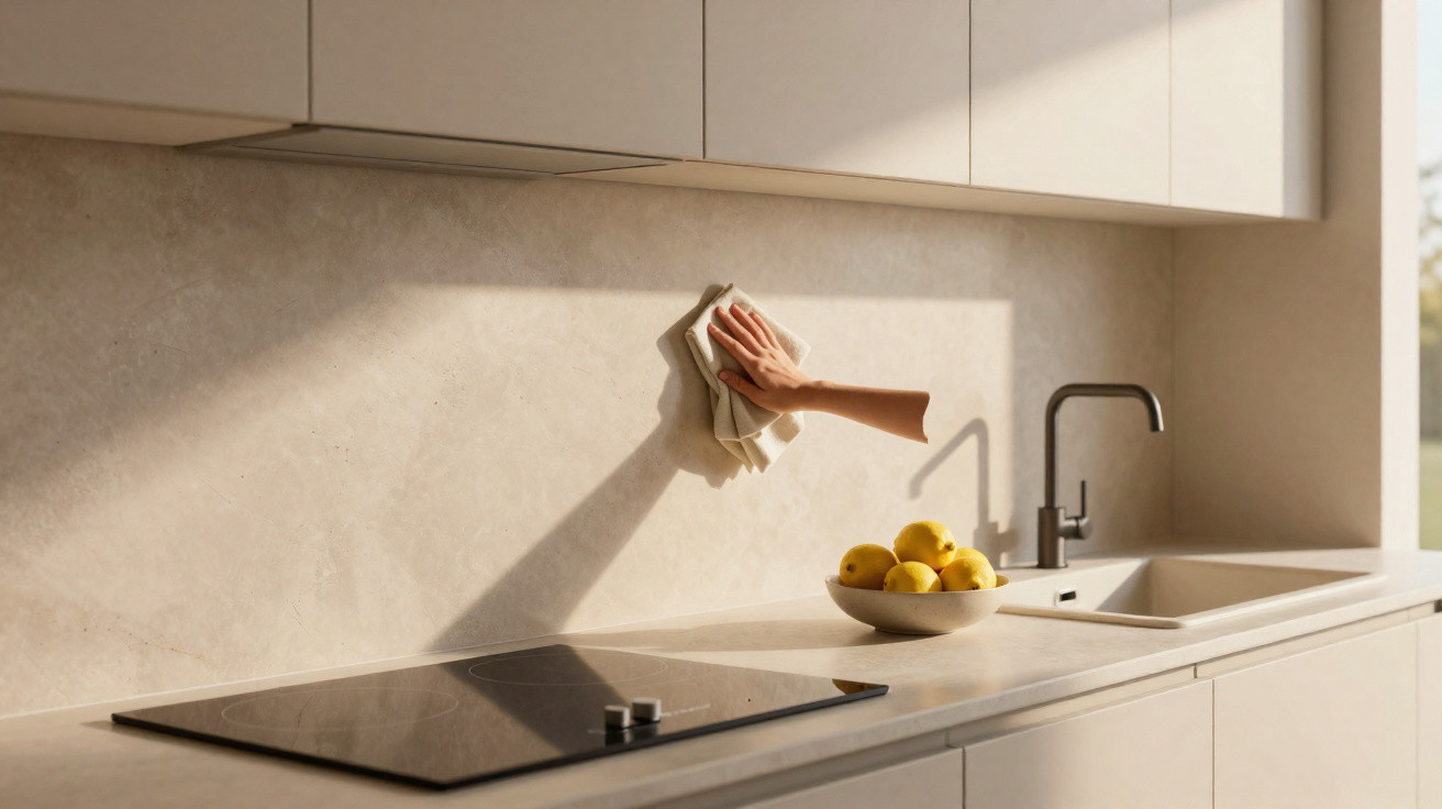 Hand wischt helle moderne Küchenarbeitsfläche mit Tuch, Schale mit Zitronen und Wasserhahn im Hintergrund.