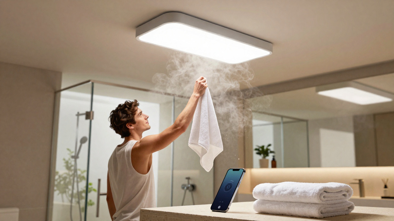 Mann hält ein dampfendes Handtuch in modernem Badezimmer mit Smartphone und Handtuchstapel auf Betonplatte.