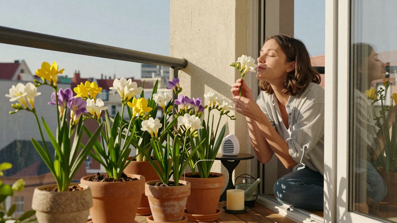 Frau geniesst den Duft von Blumen auf einem sonnigen Balkon mit farbigen Blumentöpfen.