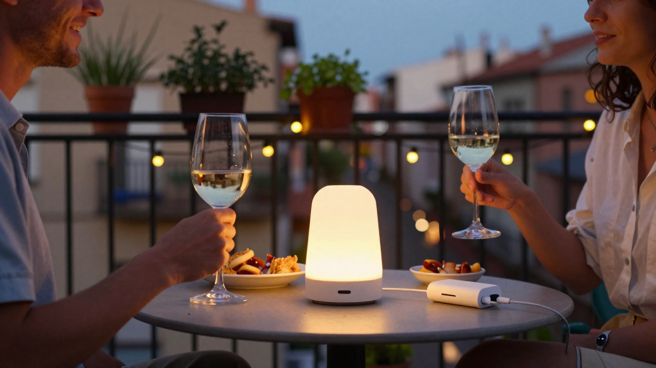 Zwei Personen stossen mit Weisswein an bei Kerzenlicht auf Balkon mit Snacks und Pflanzen im Hintergrund an.