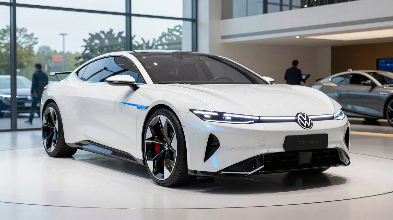 Weisser Volkswagen ID. Aero Elektro-Sportwagen in modernem Showroom mit Panoramafenstern und reflektierendem Boden.