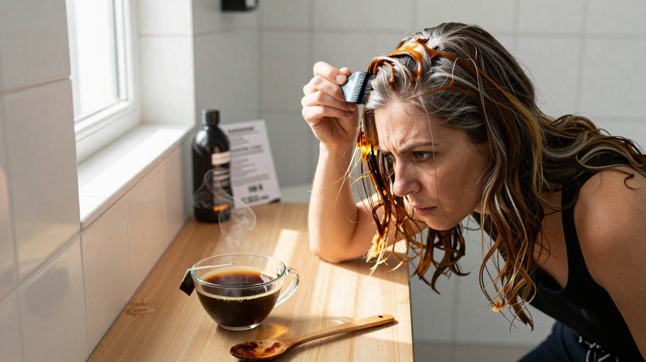 Frau mit nassen Haaren schaut konzentriert auf dampfende Tasse Kaffee auf Holztisch in Küche.