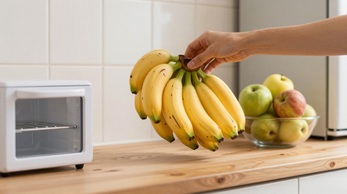 Hand hält einen Bund Bananen über eine Küchentheke mit Obstschale und kleinem Ofen.