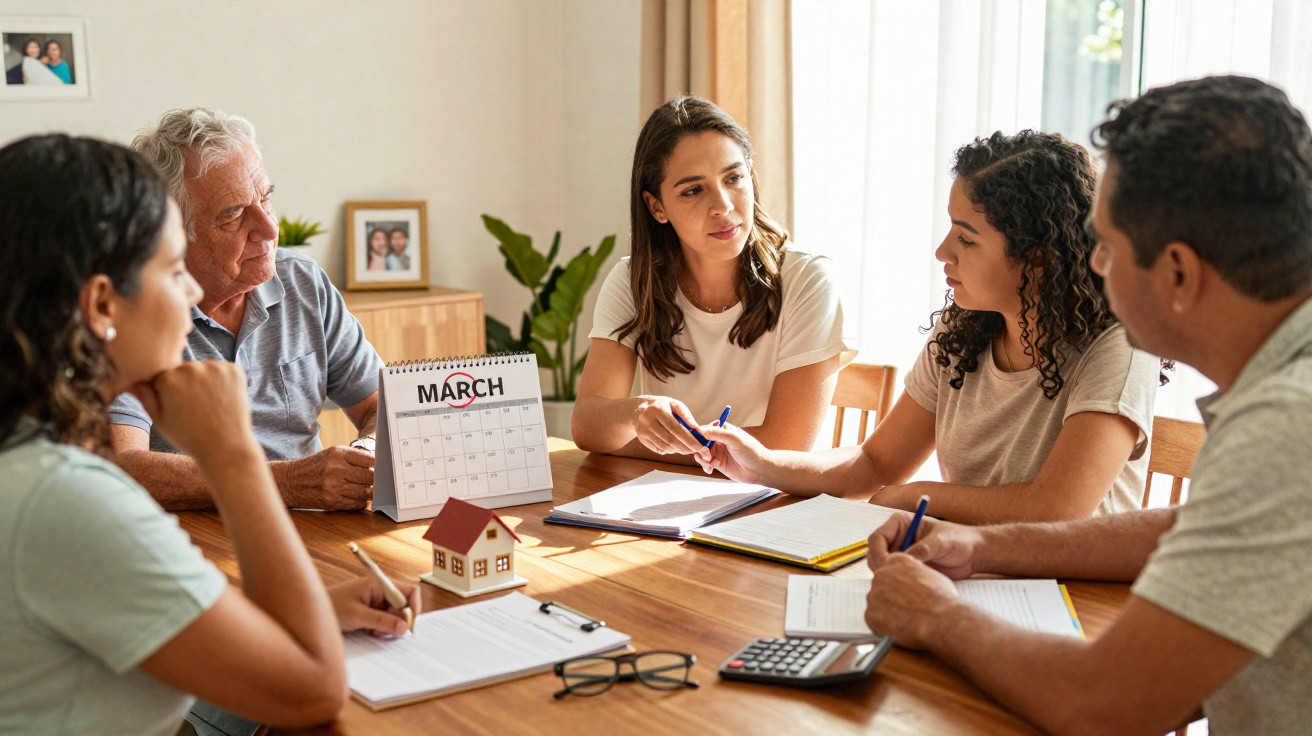Fünf Personen diskutieren im Wohnzimmer um einen Tisch mit Kalender, Modellhaus und Notizen.