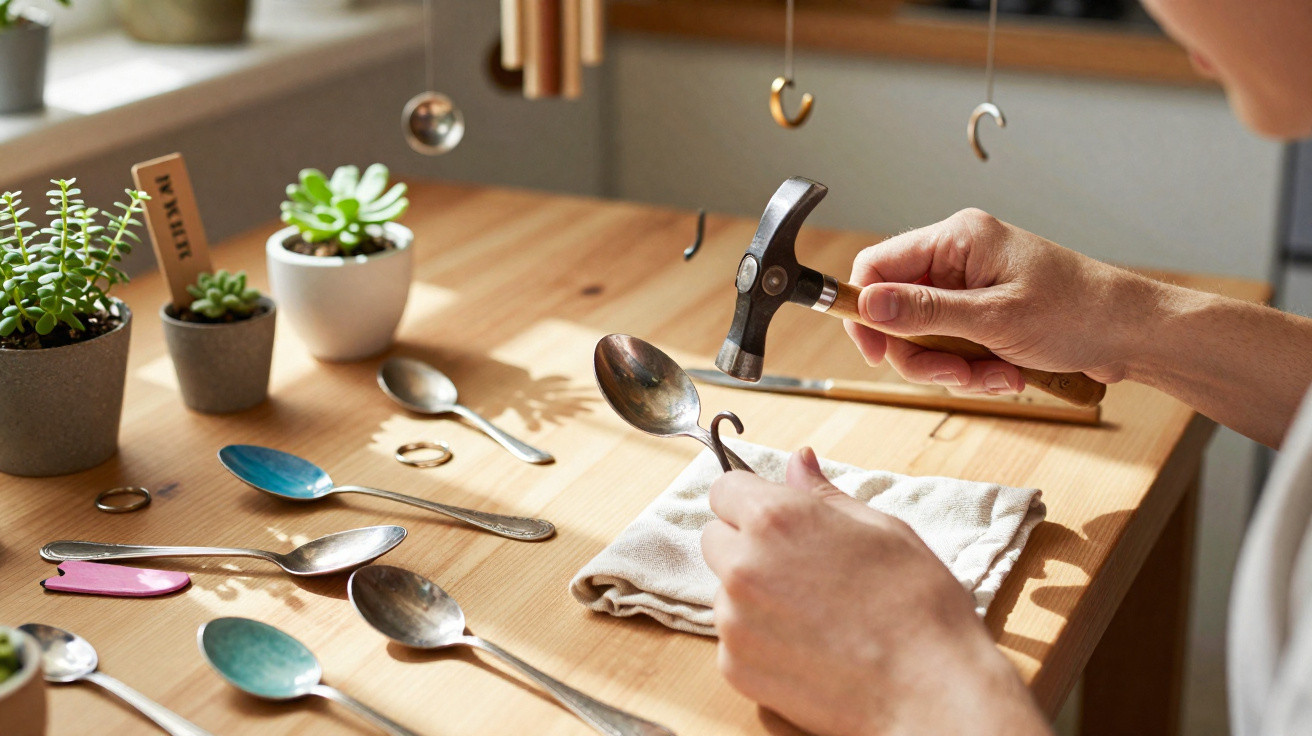 Person formt mit Hammer und Löffel ein hängendes Schmuckstück auf Holztisch mit Pflanzen und Löffeln.