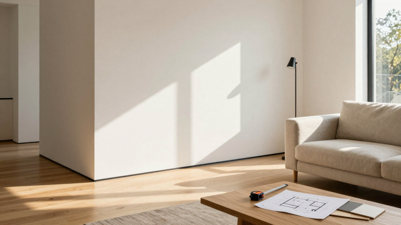 Hell beleuchtetes Wohnzimmer mit Sofa, Stehlampe und Tisch mit Bauplan und Massband.