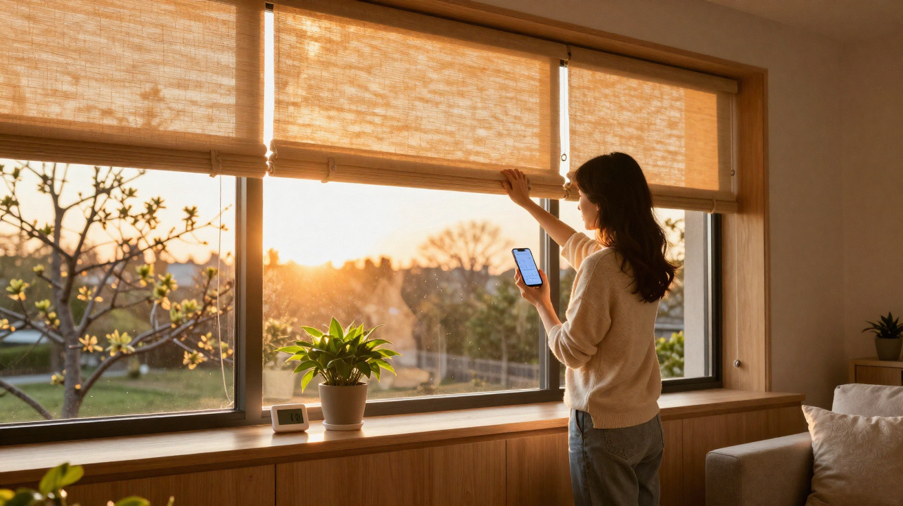 Frau öffnet Rolladen am Fenster, Sonnenuntergang und Pflanzen sichtbar, entspannt mit Smartphone.