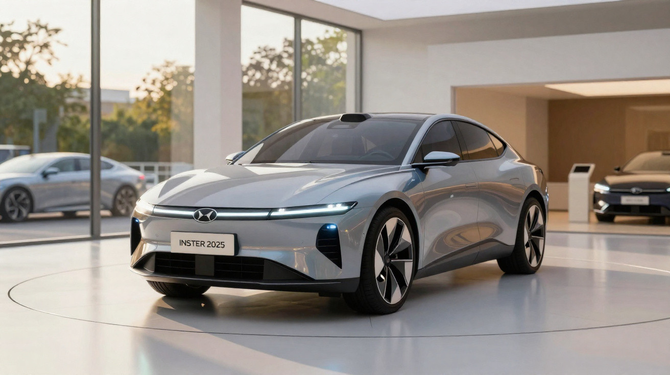 Moderner silberner Elektroauto-Prototyp mit schlankem Design, präsentiert in einem hellen Showroom.
