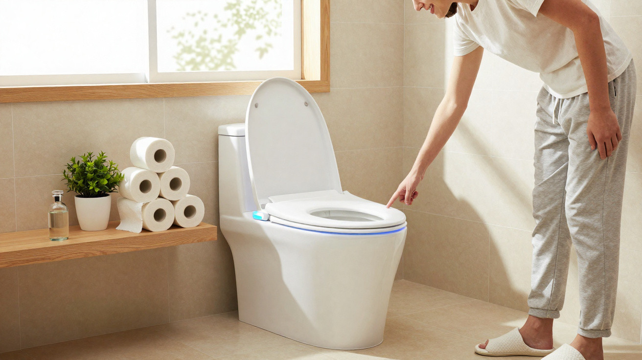 Person zeigt auf modernen, beleuchteten WC-Sitz in hellem Badezimmer mit Toilettenpapier und Pflanze.