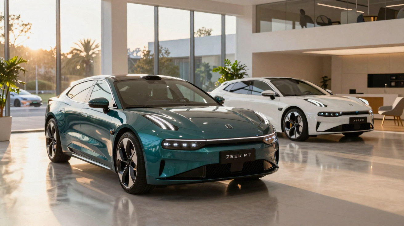 Zwei moderne Elektroautos, grün und weiss, stehen in einem hellen Showroom mit grossen Fenstern.
