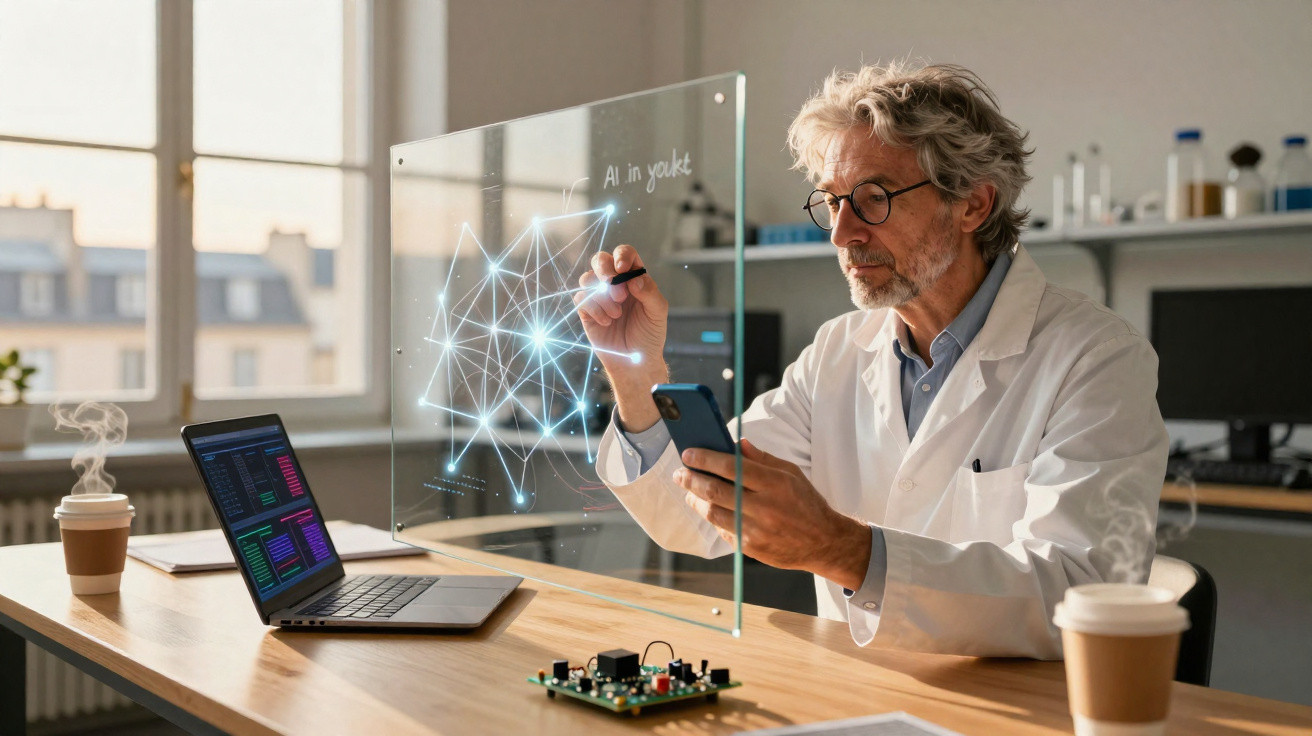Älterer Wissenschaftler in Weissmantel nutzt Smartphone und digital integriertes Netzwerkgrafik-Display im Labor.