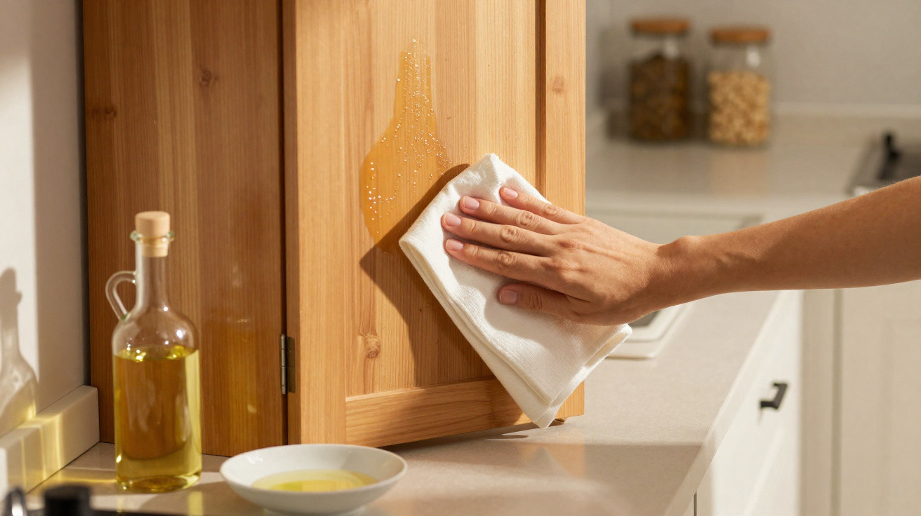 Hand wischt mit weissem Tuch Öl von Holztür in heller Küche ab
