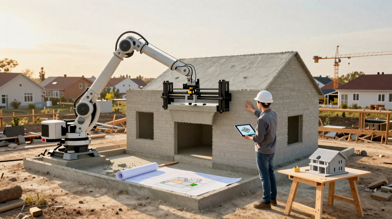 Bauroboter erstellt Haus aus Ziegelsteinen, Bauleiter mit Tablet überwacht auf Baustelle bei Sonnenuntergang.