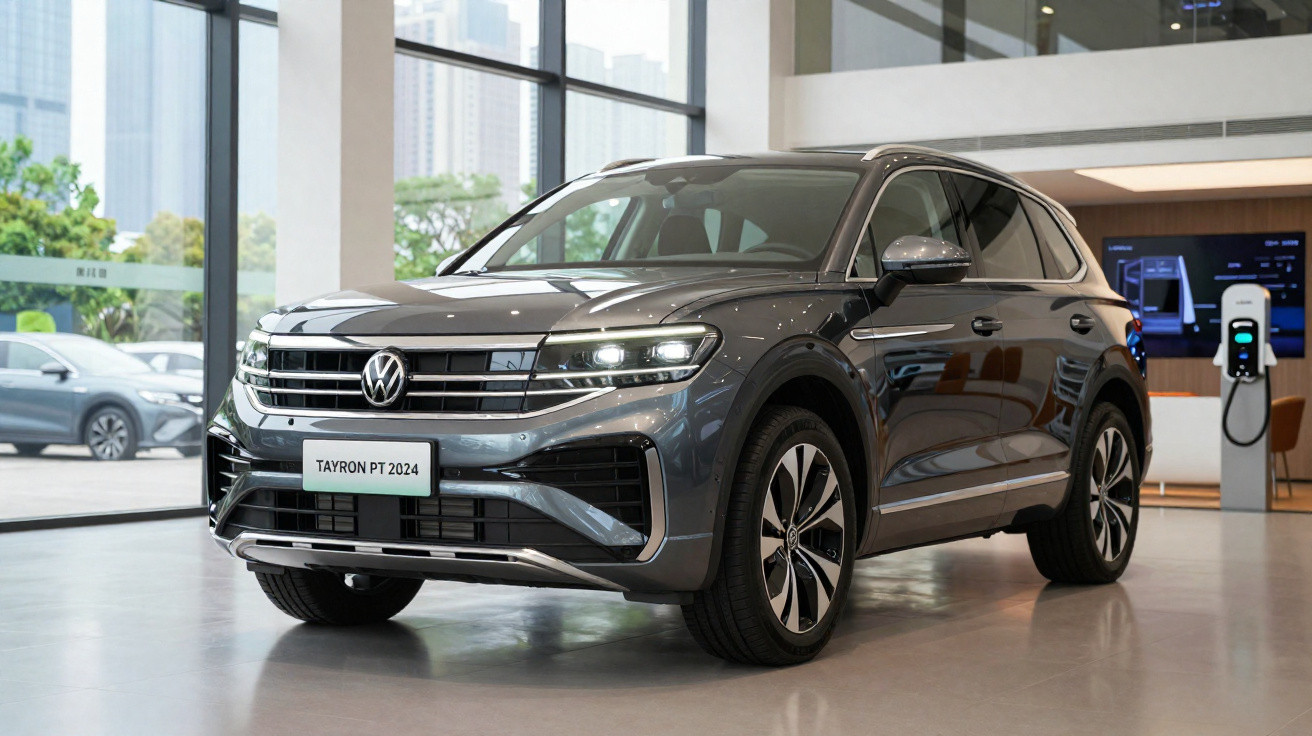 Grauer Volkswagen Tayron PT 2024 SUV steht in einem hellen Autohaus vor grossen Fenstern.