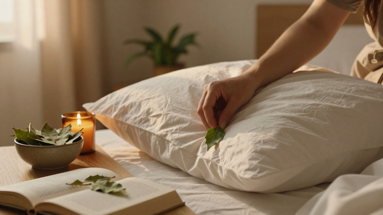 Hand legt grünes Blatt auf weisses Kopfkissen, neben offenem Buch und brennender Kerze auf Holztisch im Zimmer