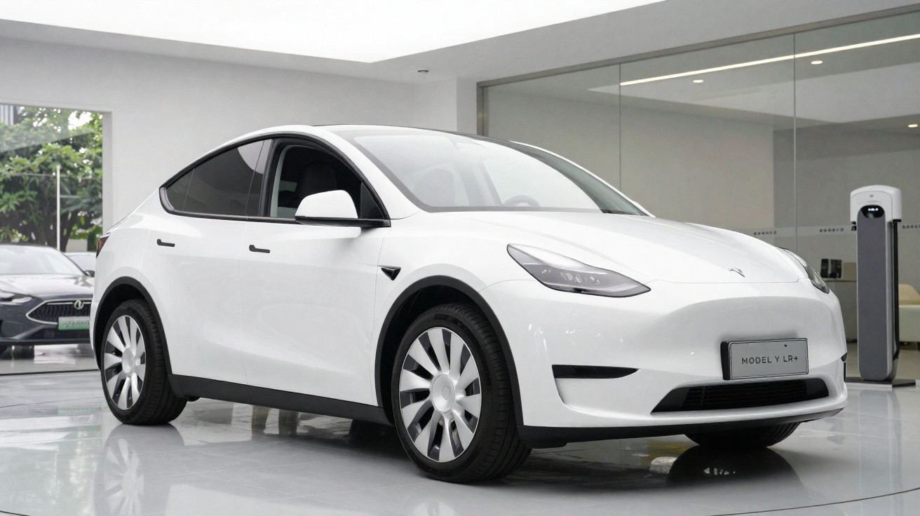 Weisses Tesla Model Y LR+ Elektroauto in modernem Showroom mit Glaswänden und Ladestation im Hintergrund.