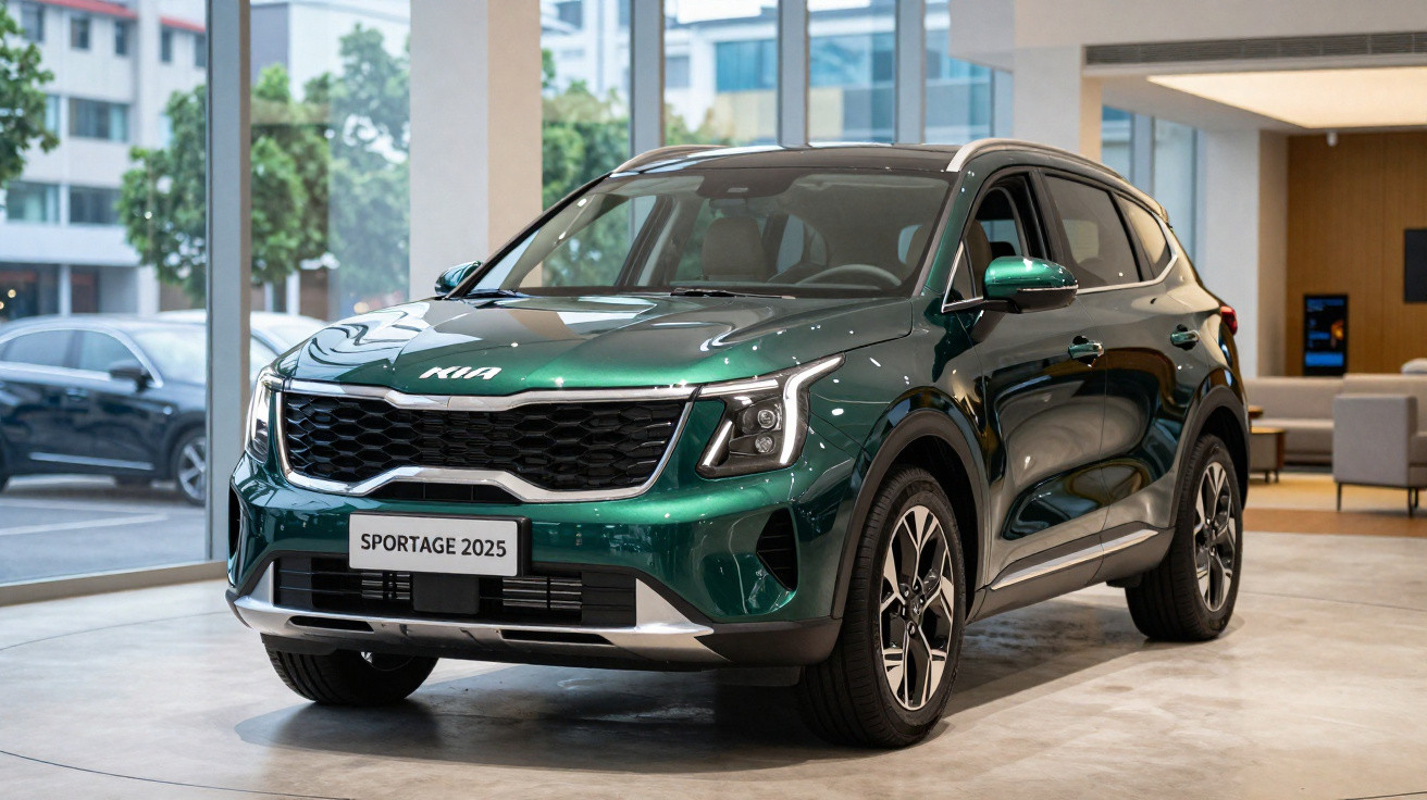Grüner Kia Sportage 2025 SUV im Autohaus mit grossen Fenstern und moderner Einrichtung.