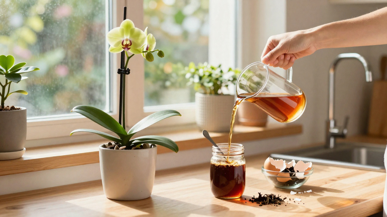 Hand giessst Tee aus Kanne ins Glas auf sonnigem Küchentisch mit Orchidee und Eierschalen.
