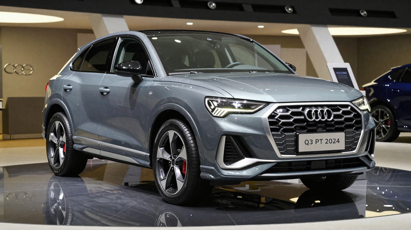 Silbergraues Audi Q3 Coupé-SUV 2024 im Showroom auf schwarzem Podest mit LED-Scheinwerfern und Felgen.