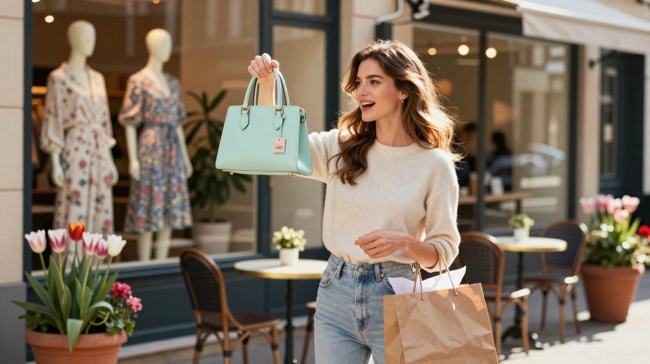 Frau hält eine grüne Handtasche und eine Einkaufstüte vor einem Modegeschäft mit Blumendekoration.