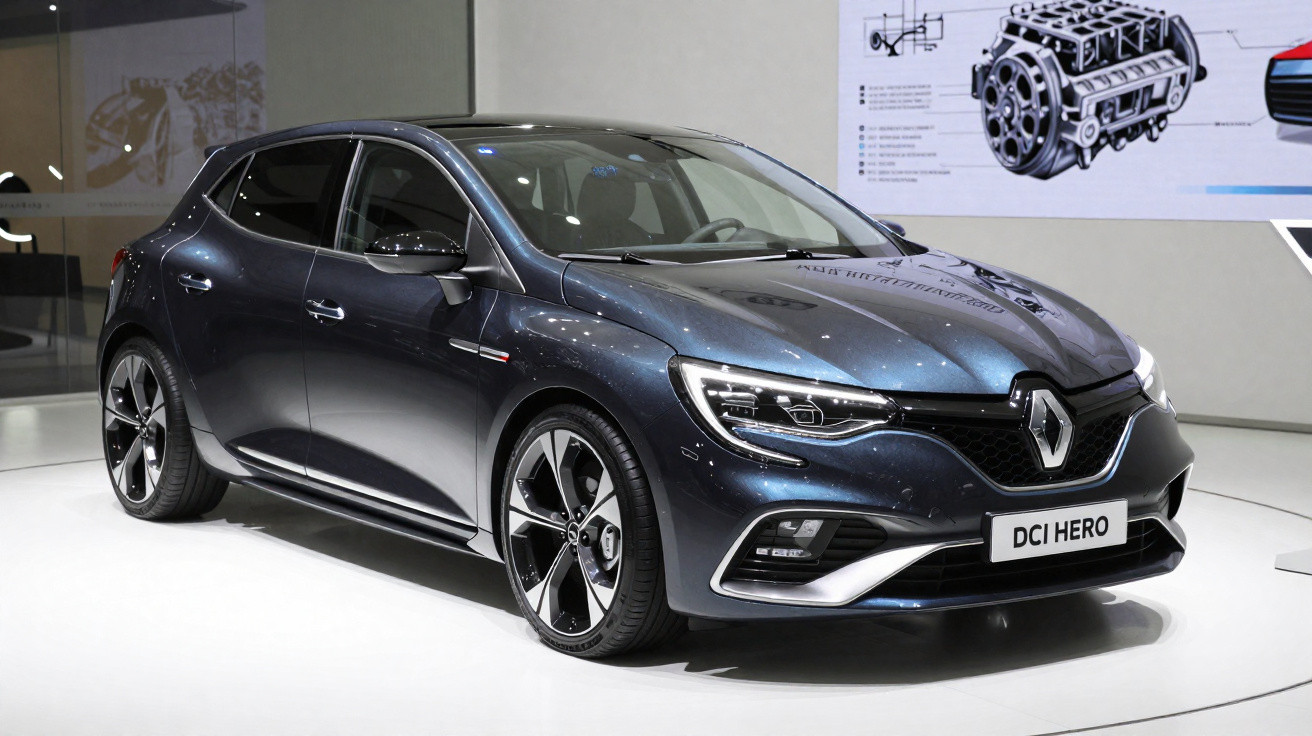 Dunkelblauer Renault Clio DCI Hero, Frontansicht, auf heller Ausstellungsfläche mit technischer Darstellung im Hintergrund.