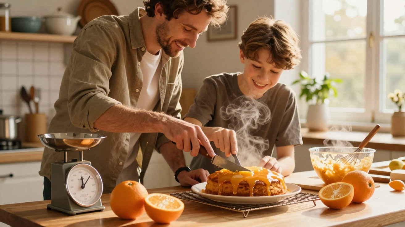 Vater und Sohn schneiden dampfenden Orangenkuchen in einer hellen Küche mit Früchten auf dem Tisch.