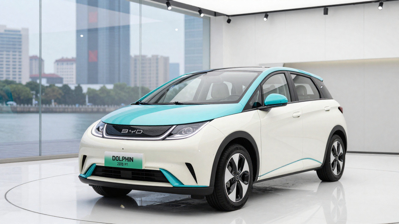 Weiss-blaues Elektroauto BYD Dolphin in modernem, hellem Showroom mit grossen Glasfenstern und Stadtblick.