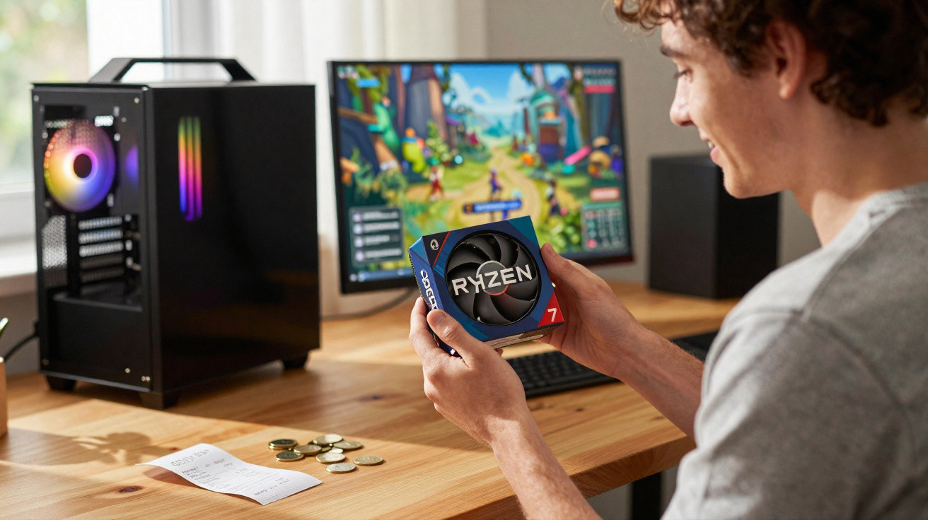 Junger Mann hält AMD Ryzen 7 Prozessor vor einem PC mit Spielebildschirm auf einem Holztisch.