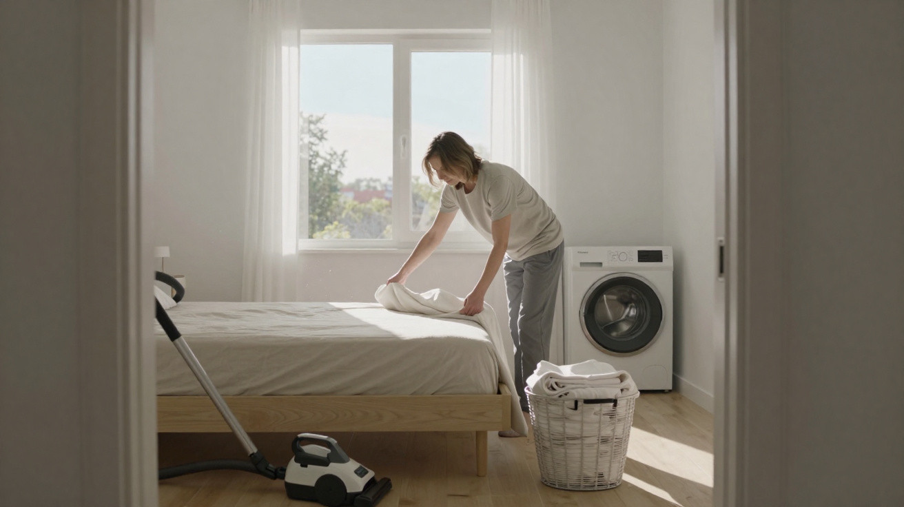 Frau macht das Bett in hellem Schlafzimmer mit Wäschekorb und Waschmaschine am Fenster