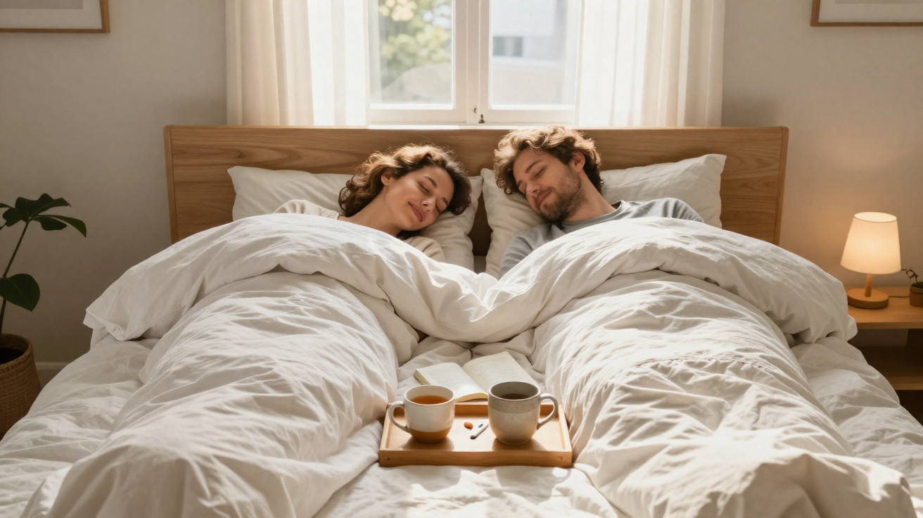 Paar schläft im Bett, hält Händchen, vor ihnen Tablett mit zwei Tassen und einem Buch, warmes Tageslicht.