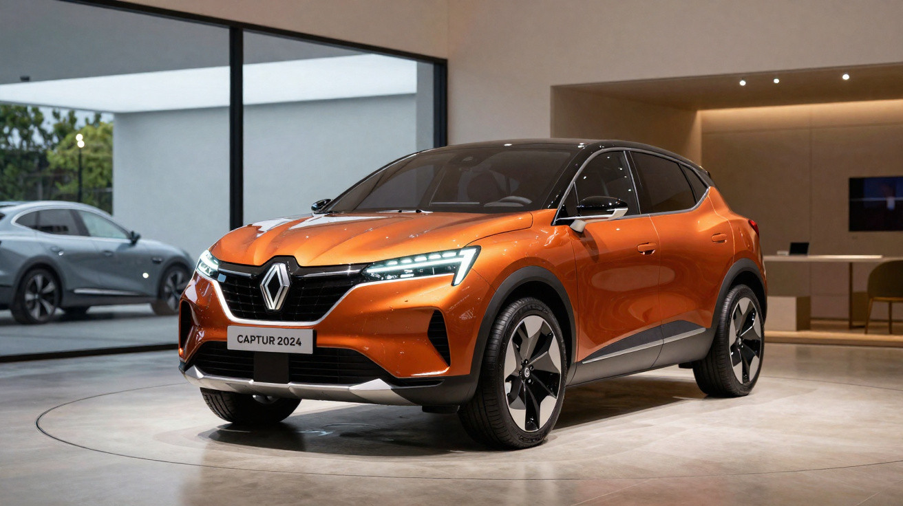 Oranger Renault Captur 2024 SUV in modernem Showroom mit Glasfront und grauem Auto im Hintergrund.