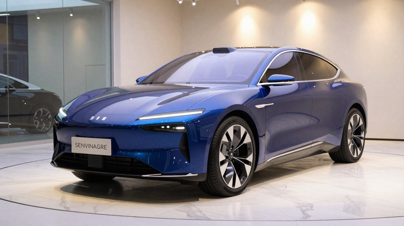 Blaues modernes Elektroauto SENVINAGRE in hellem Showroom mit Marmorboden und Beleuchtung.