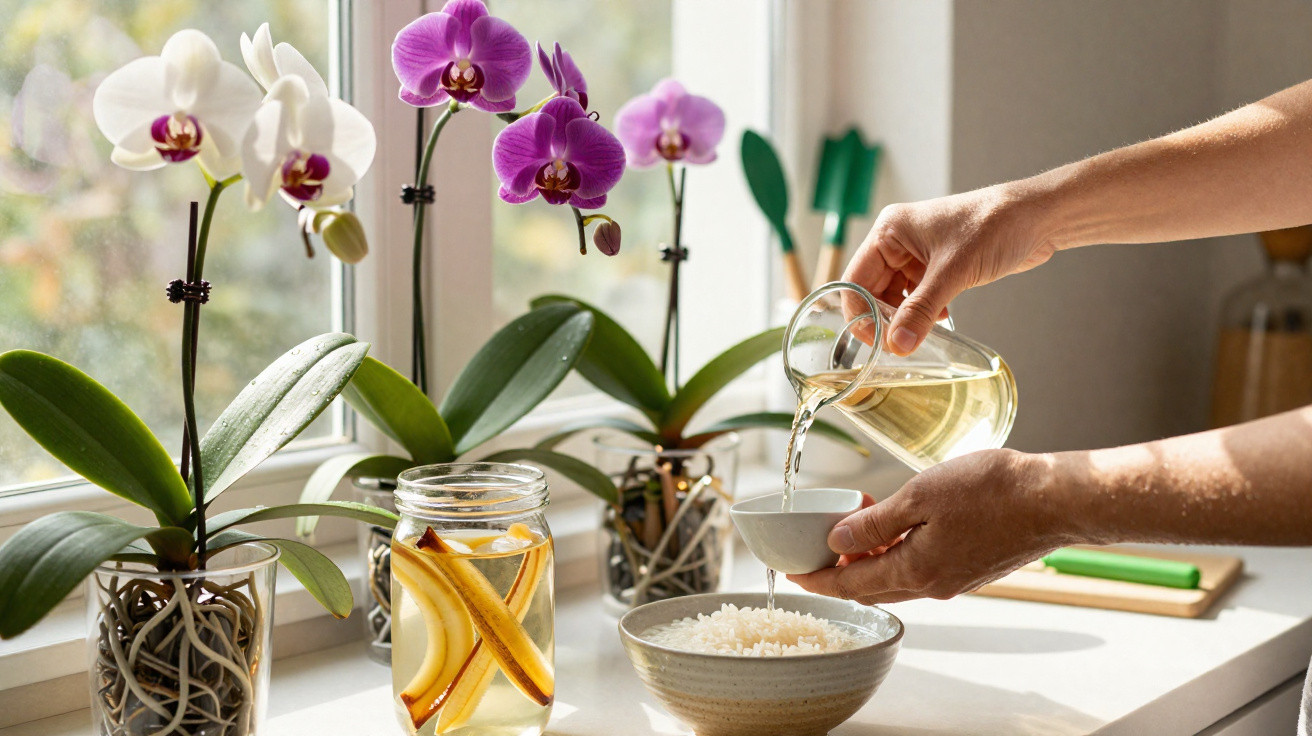 Person gießt Wasser aus Glas in Schale mit Reis, neben Orchideen und Glas mit Zitronenscheiben am Fensterbrett.