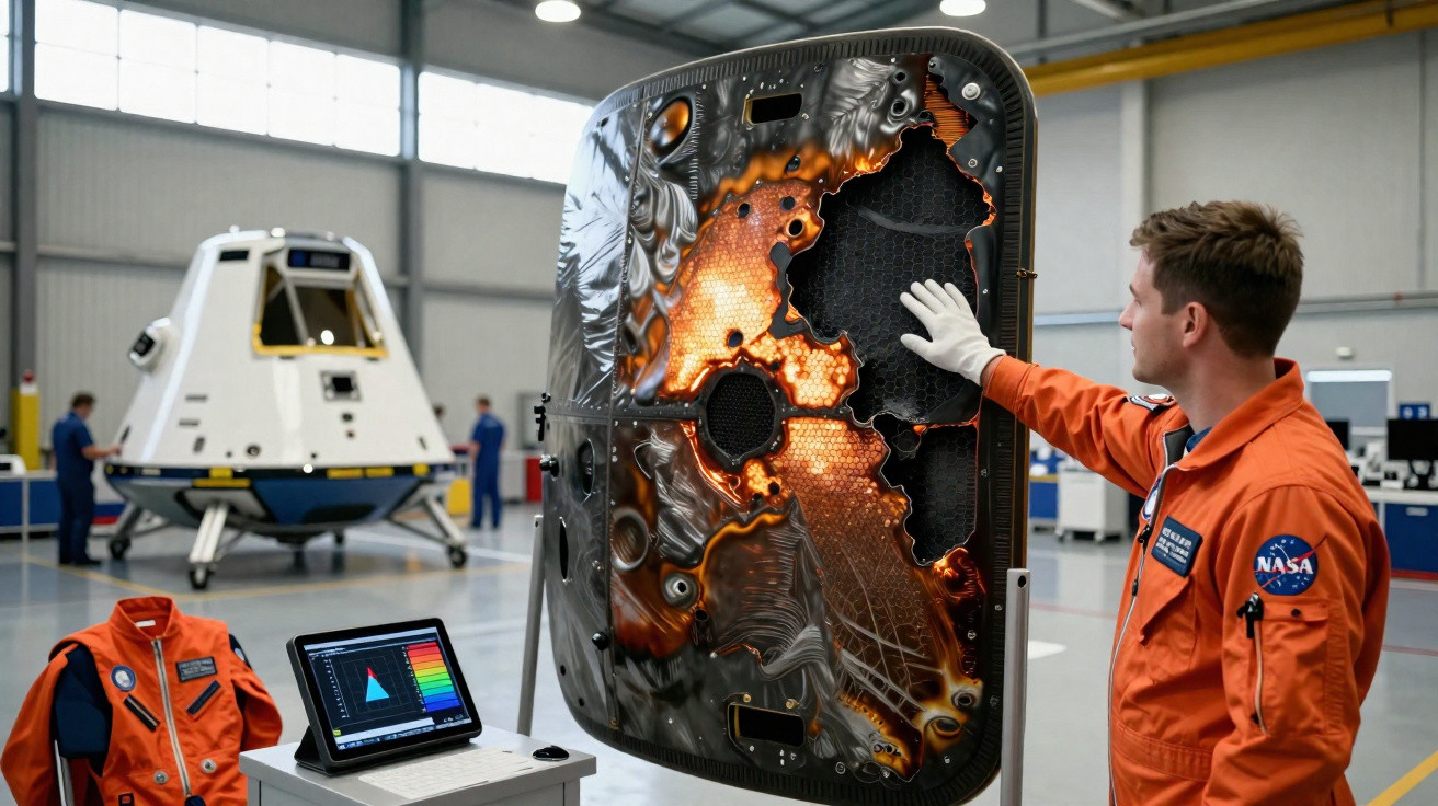 Mann in oranger NASA-Montur berührt in Hangar eine verbrannte Raumfahrthülle, Raumkapsel im Hintergrund.