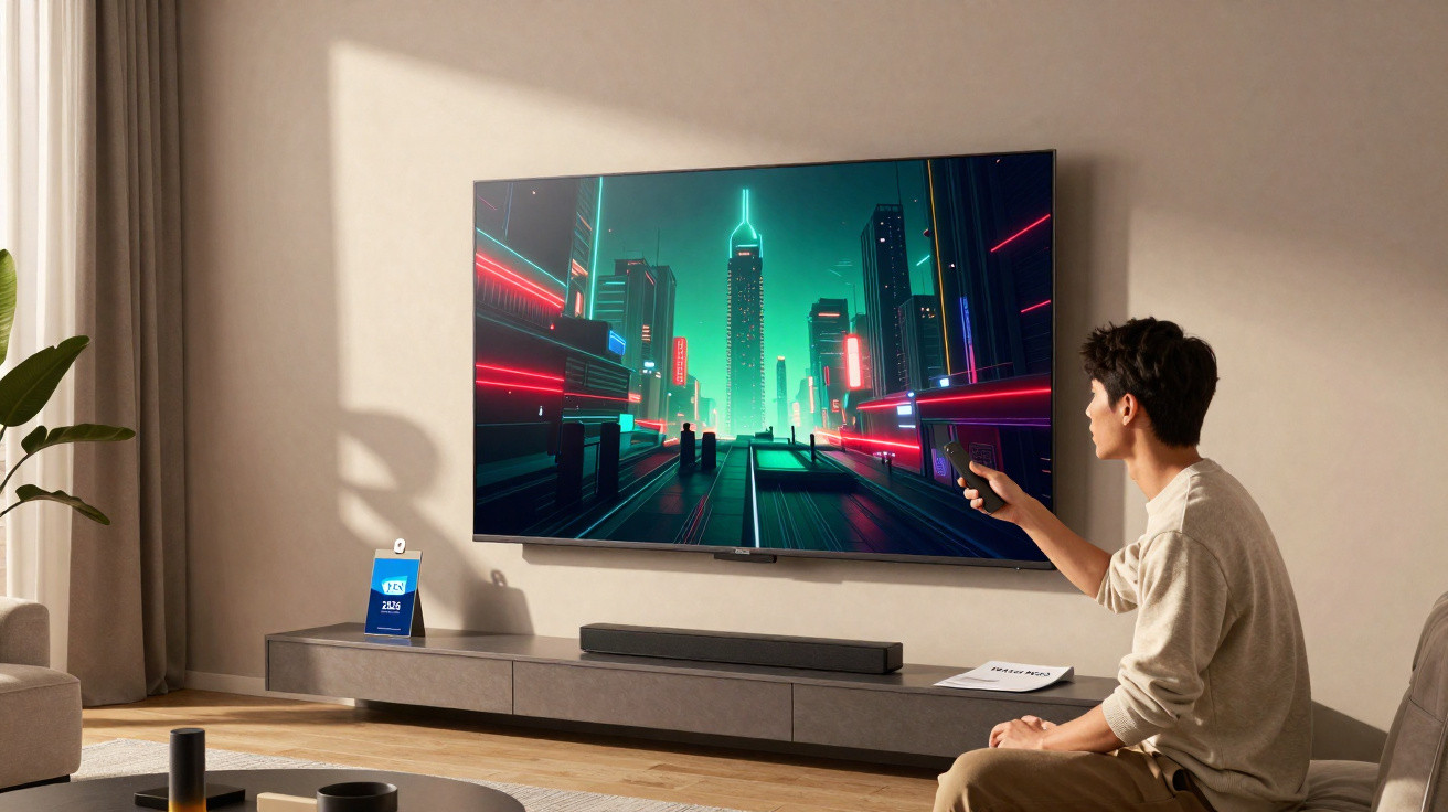 Mann steuert TV mit Fernbedienung im modernen Wohnzimmer, neonbeleuchtete futuristische Stadt auf Bildschirm.