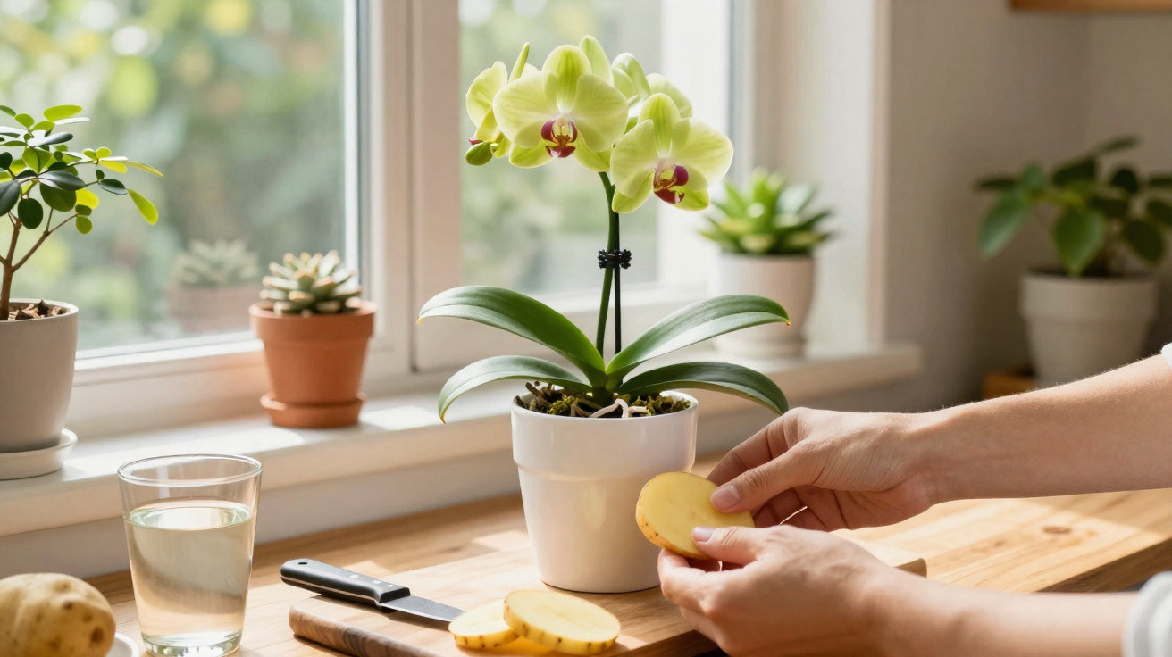 Eine Person schneidet Kartoffeln auf einem Holzbrett, daneben steht eine blühende Orchidee am Fenster.