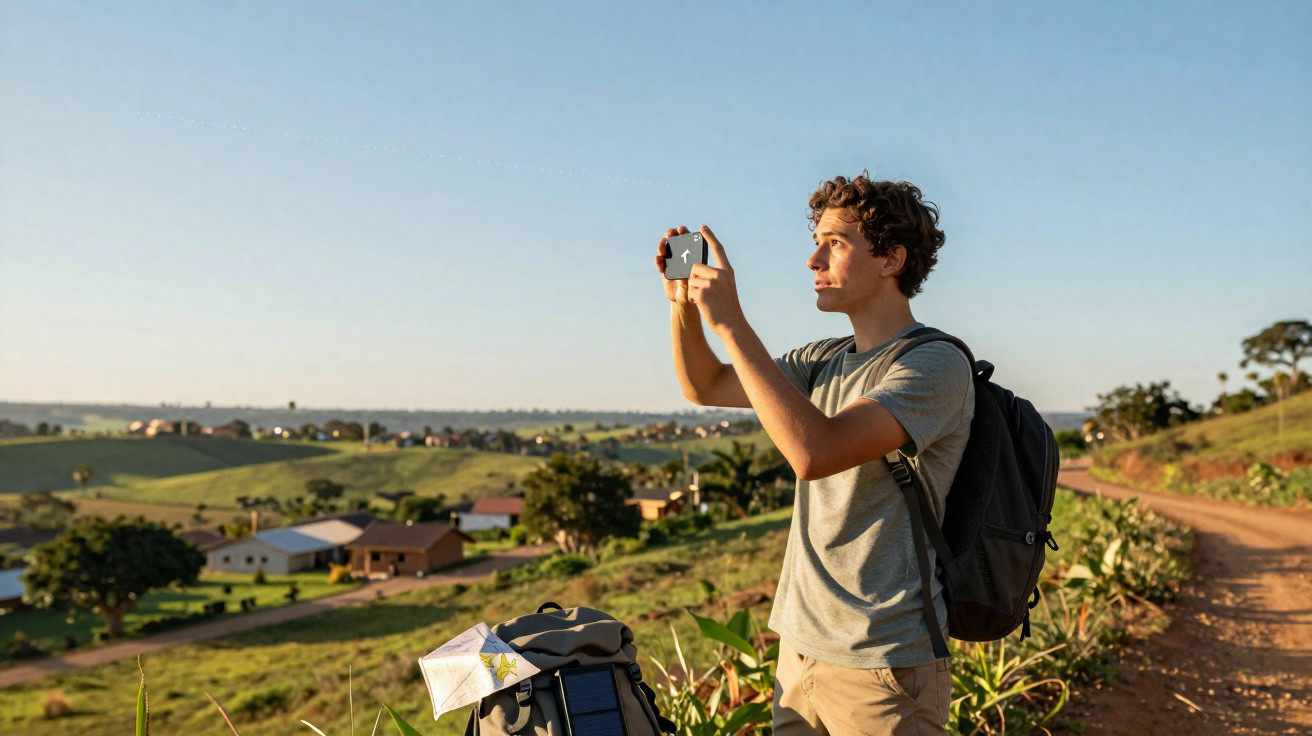 Junger Mann mit Rucksack fotografiert auf einem Landweg eine grüne hügelige Landschaft bei Sonnenlicht.