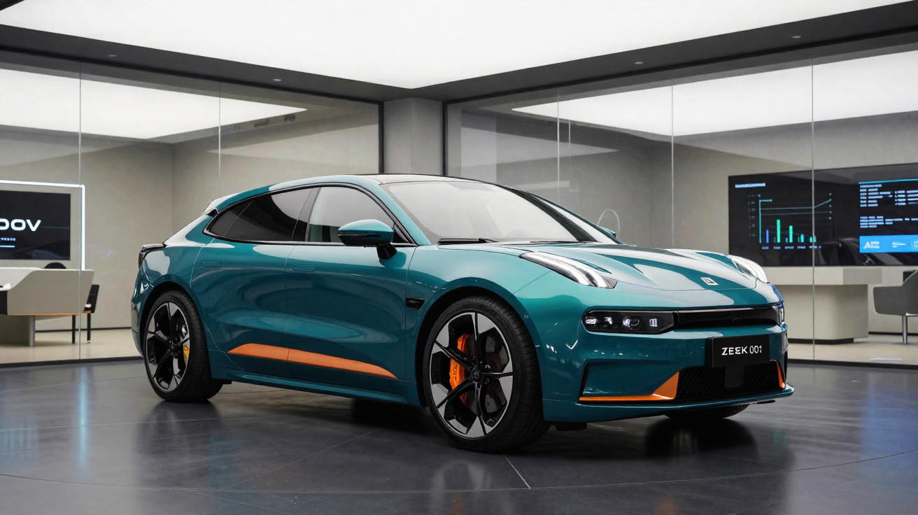 Modernes, türkisfarbenes Elektroauto mit schwarzem Dach und orangen Akzenten in hellem Showroom neben Bildschirmen.