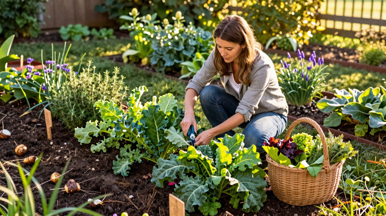 Frau in Garten erntet frisches Gemüse, neben ihr Korb mit Salat und Kräutern.
