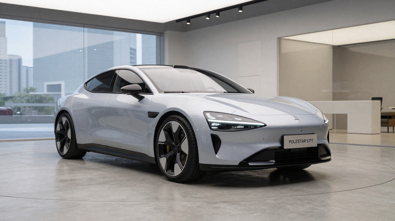 Weisser Polestar 5 Elektrosportwagen in modernem Showroom mit grossen Fenstern und Städteluft.