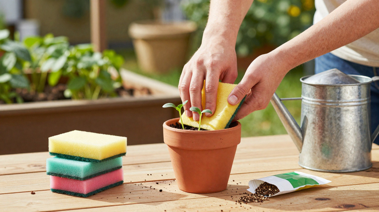 Person pflegt kleine Pflanze in Blumentopf mit Schwamm auf Holztisch im Garten.