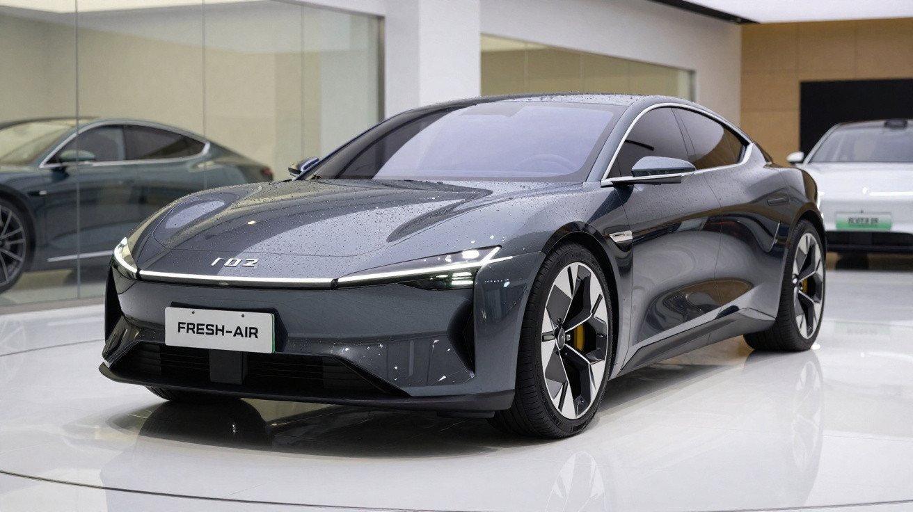 Moderner grauer Elektro-Sportwagen mit futuristischem Design und Regenwasser auf der Karosserie in Ausstellungshalle.