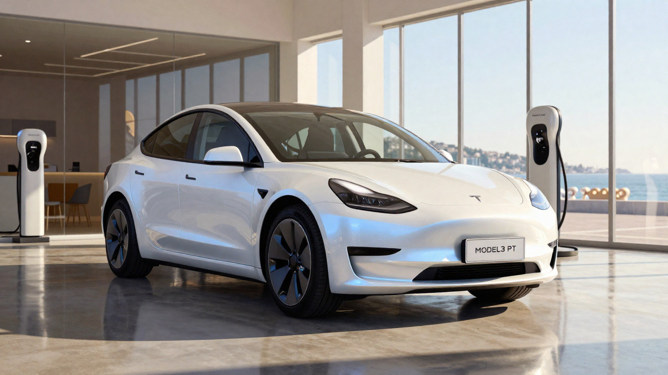 Weisses Tesla Model 3 in hellem Showroom mit grossen Fenstern und Ladestationen im Hintergrund.