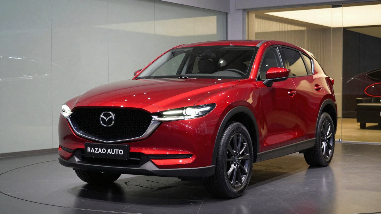 Roter Mazda SUV in modernem Showroom mit schwarzen Felgen und beleuchteten Scheinwerfern.