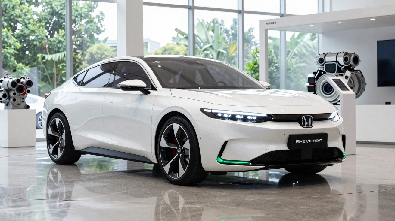 Weisser Honda Ehev Effcient Elektroauto in modernem Showroom mit grossen Fenstern und Motorenexponaten.