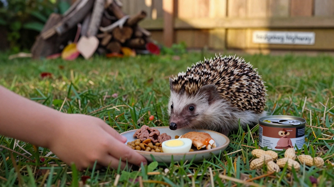 Igel frisst von einem Teller mit verschiedenen Lebensmitteln, Hand erreichbar, Gras und Holzhaufen im Hintergrund.